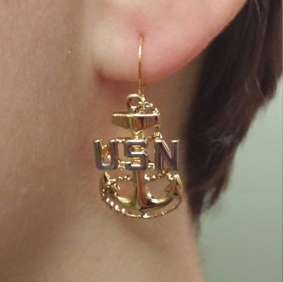 US Navy Chief's Anchor Fishhook Dangle Earrings