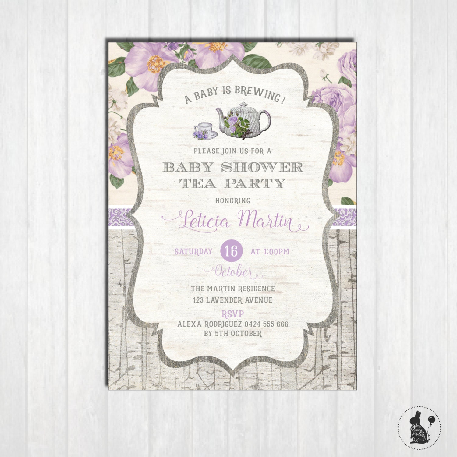Lavender Baby Shower Tea Party Invitation Rustic Vintage Zoom
