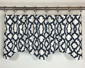 Navy Blue Valance - Geometric Window Valance - 50x16 - Cotton Lined Valance - Scalloped Valance - Rod Pocket -Curtain