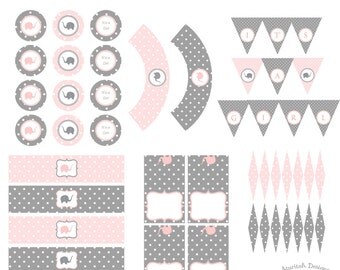 Printable Pink and Gray Elephant Baby Shower Party Kit | Girl Baby Shower | Instant Download