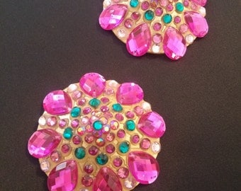 The "Le Showtime" Hot Pink/Fuschia and turquoise burlesque nipple tassels pasties