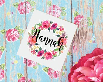 Floral Wreath Monogram Decal, Watercolor Flowers, Glossy and Glitter Monogram Sticker, Vinyl Decal for tumbler or water bottle, Floral Decal