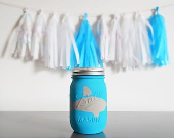 Mason jar piggy bank, money jar, piggy bank, shark lover gift, boy nursery, shark decor, coin bank, piggy banks for boys, shark room decor