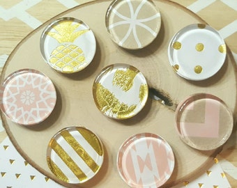 8 Pretty Magnets / Glass, 1 inch Magnets, Fridge Magnets / Pink, White, Tan / Arrow, Polka Dots, Stripes / Gift under 10, Accessories, Decor