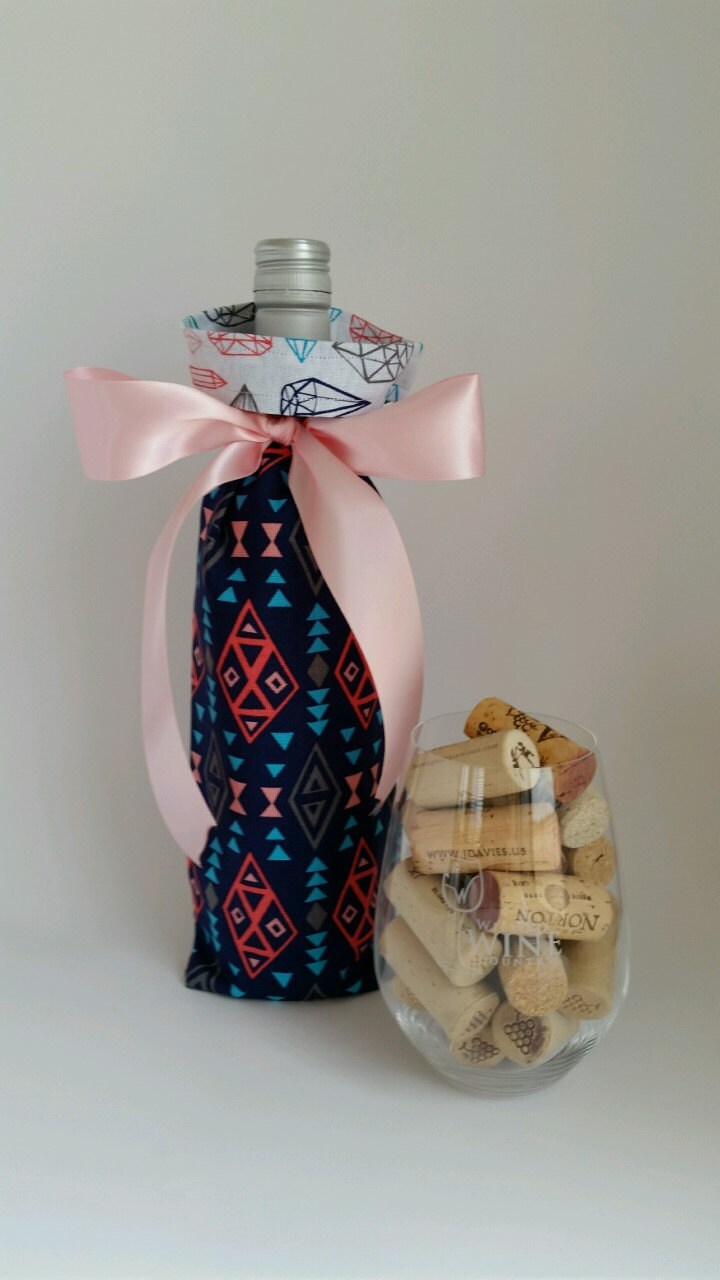 Handmade Wine Gift Bag Blue and Pink Southwest Style