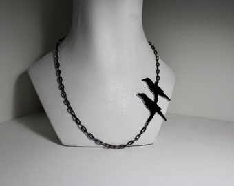 Huginn and Muninn Ravens Asymmetrical Recycled Vinyl Record and Aluminum Necklace