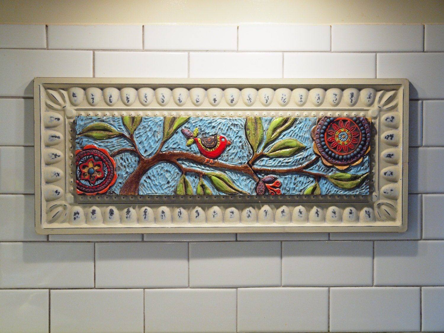 Tile Wall Art Mosaic Art Wall Art Bird on Branch Colorful