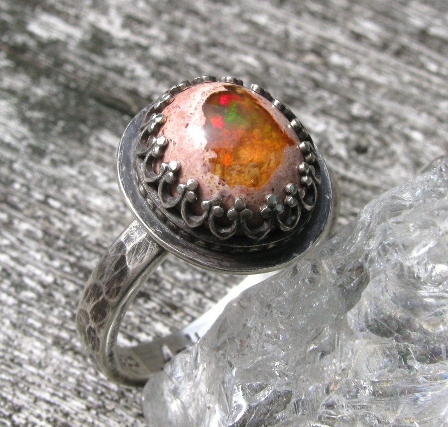 RESERVED Mexican Fire Opal Ring Distressed Sterling Silver