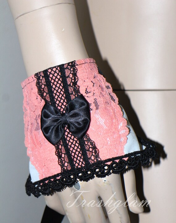 One of a kind Gothic lolita Black and white striped peach lace cuff SET by HausofTrashglam steampunk buy now online