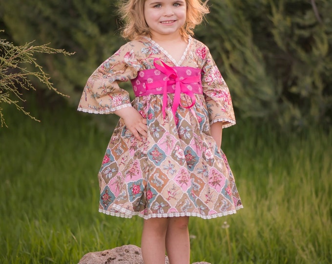 Country Flower Girl Dress - Toddler Girls Clothes - Rustic Wedding - Pink - Lace - Kimono Dress - Birthday - Garden Party - 2T to 7 years