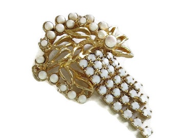 Milk Glass Dangle Brooch Vintage White with Rhinestones