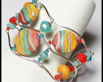 Painted Desert... Handmade Jewelry Bracelet Beaded Artisan Wire Wirework Lampwork Crystal Southwest Turquoise Aqua Orange Terra Cotta Silver