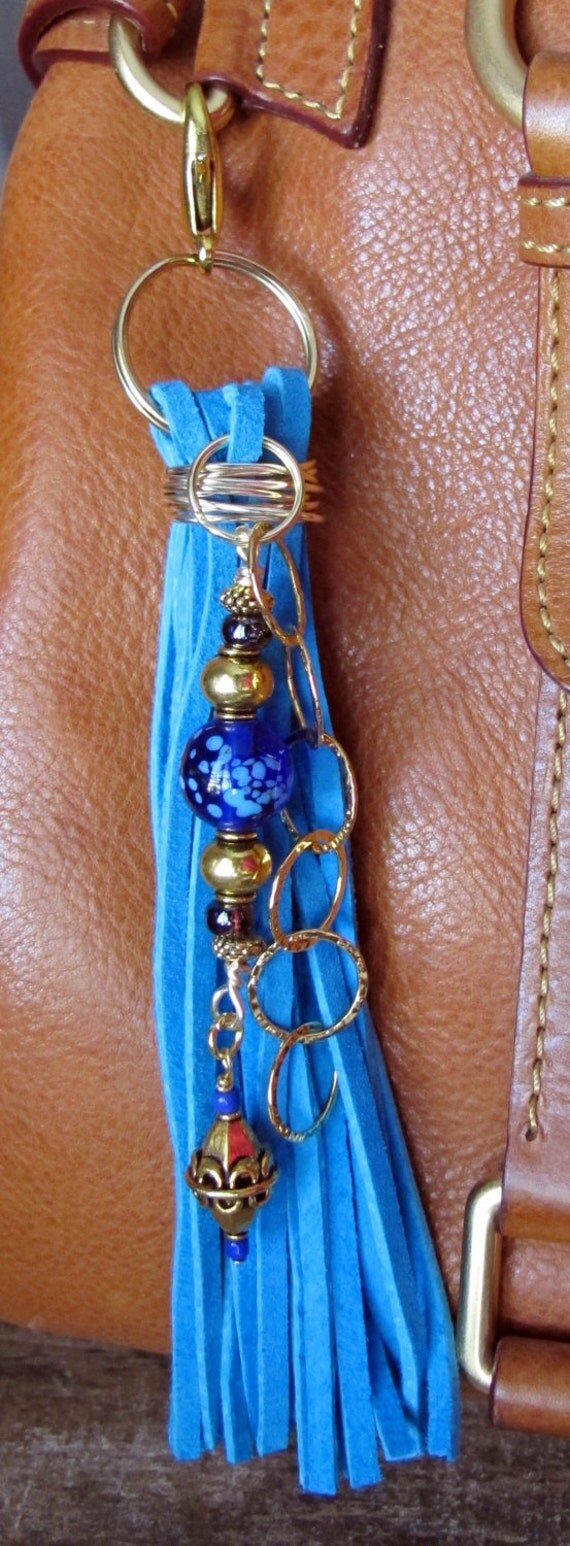 Purse Charm Tassel Zipper Pull Key Chain Chunky Turquoise