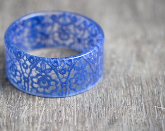 Serenity Blue Lace Resin Bangle Bracelet Vintage French Lace Wide Cuff OOAK wedding bridal eco friendly jewelry