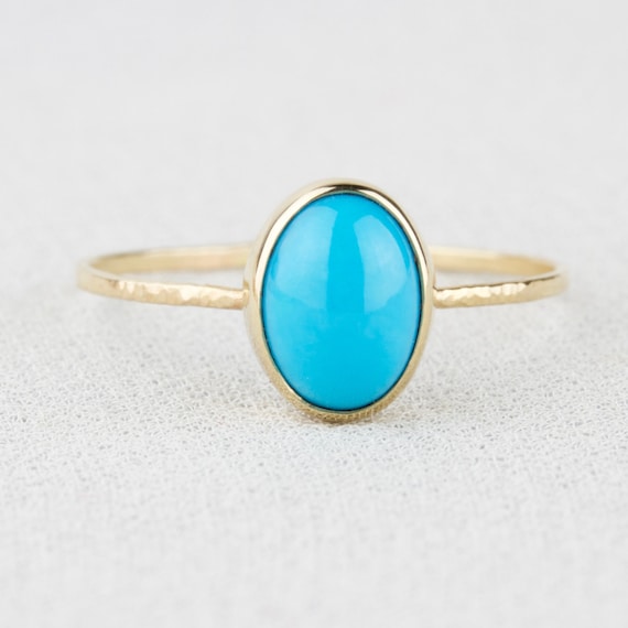 Natural Oval Sleeping Beauty Turquoise Ring Solid 14k Gold