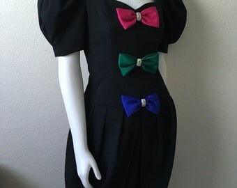 Vintage Women's 80's Bubble Dress, Black, Bow Tie, Short Sleeve, Party Dress (S)