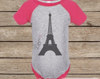 Novelty Girl's Outfit - Paris Eiffel Tower Pink Raglan Shirt - Pink Baby Girls Onepiece or Tshirt - Kids Paris Novelty Raglan Tee for Girls