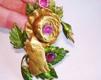Cat Flower Brooch Gold Tone