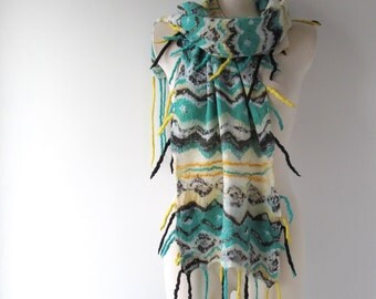 Nuno Felted scarf, Chevron teal blue white felt scarf, nuno felted scarf wool shawl, women felt shawl by Galafilc