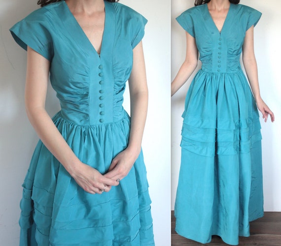 Vintage 1940's Dress // 40s 50s Sky Blue Taffeta Evening