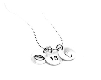 Football with Number and Initial Necklace: Hand Stamped Silver