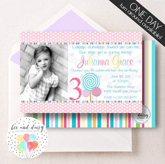 Lollipop Birthday Invitation, Lollipop Invitation, Lollipop Party, Girl First Birthday, Girl Birthday, Lollipop Invite, Candy Party Il_570xn
