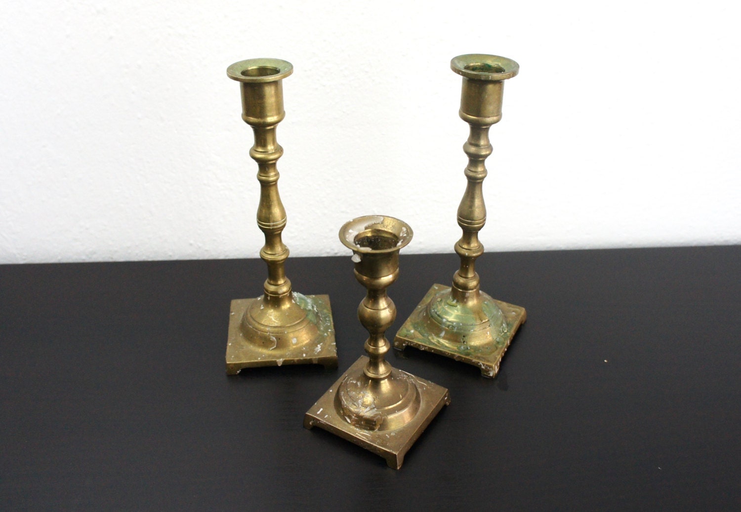 Three Vintage Solid Brass Tall Candlestick Holders Two Tall