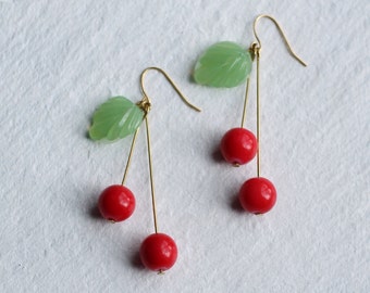 Cherry Earrings, Cherry Jewelry, Fruit Earrings, Kitsch Earrings, Gift for Women, Tree Earrings, Leaf Earrings