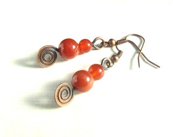 Red copper earrings, gemstone carnelian earrings, antiqued copper jewelry gift for women