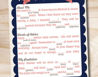 INSTANT DOWNLOAD Shower Libs Baby Shower Mad Libs, Navy and Coral - Digital Download