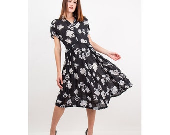 1940s dress / Vintage novelty print sheer rayon chiffon dress / Spinning wheel M L