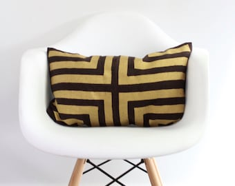 Doha lumbar pillow cover hand printed in Metallic gold on brown organic hemp