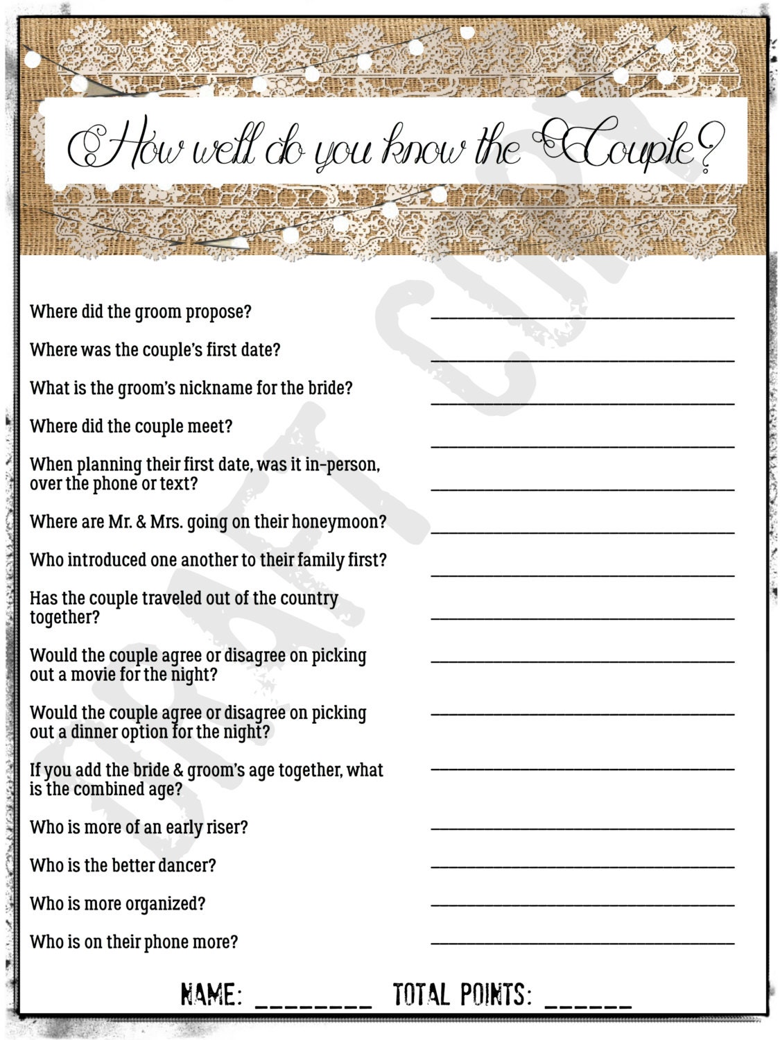 Bridal Shower Game How Well Do you know the Couple