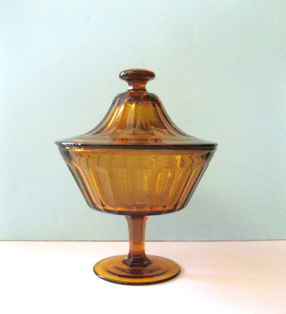 Vintage Mid Century Glass Dish Amber Color Nut Candy Dish Home