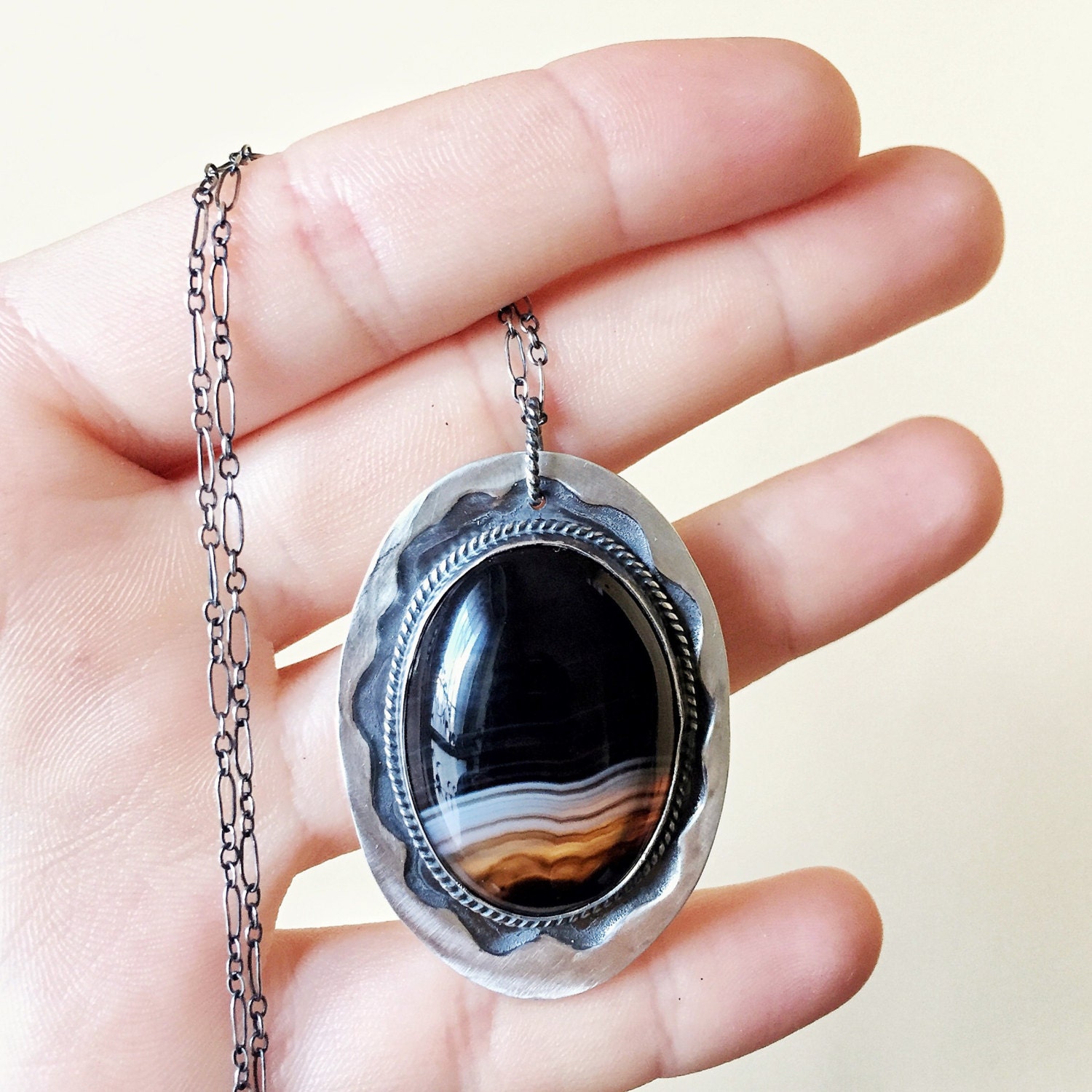 Elegant Black Banded Agate Pendant Statement Jewelry