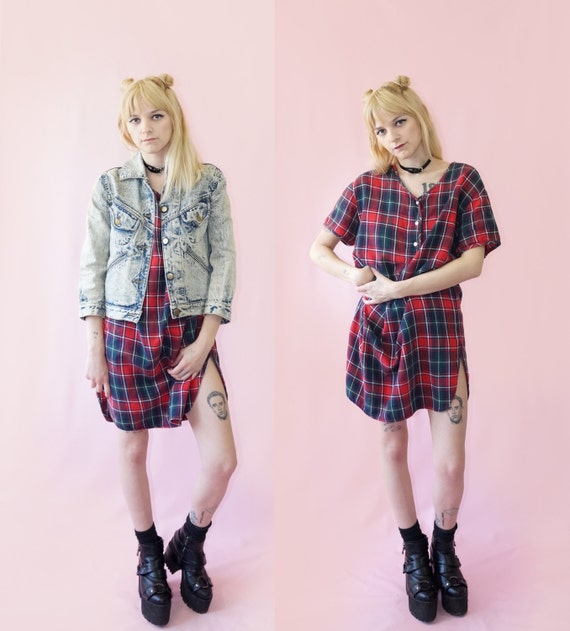 Plaid Flannel 90s Pullover Dress 90s Grunge Mini Dress