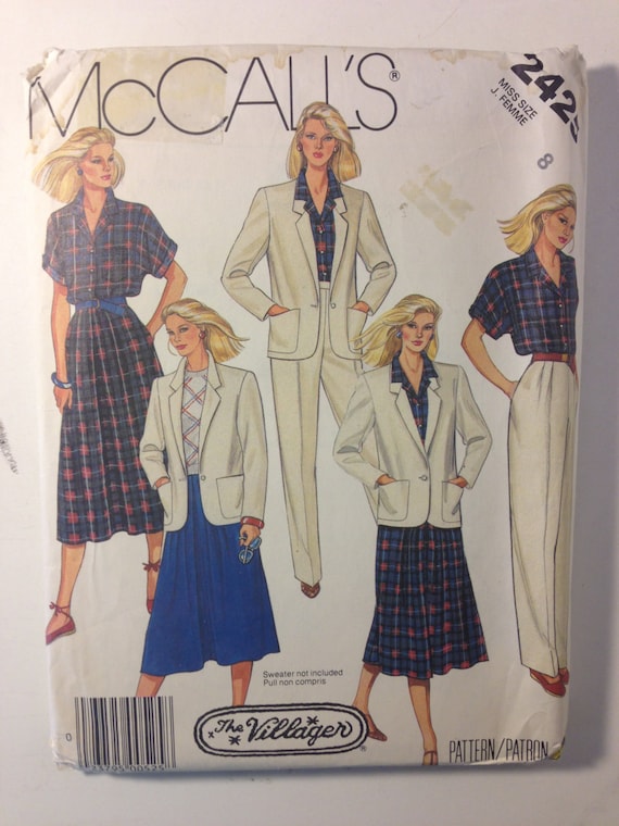 Vintage 80s McCalls 2425 Sewing Pattern Misses Jacket Shirt Skirt and Pants Uncut Size 8