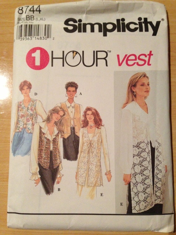 Vintage 90s Simplicity 8744 Sewing Pattern Misses Set of Lined Vests Size 18-24
