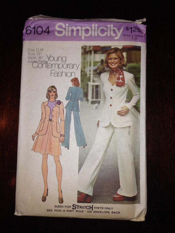 Simplicity Sewing Pattern 6104 70s Junior Petites Unlined Jacket, Skirt and Pants Size 11 Junior Petite Uncut