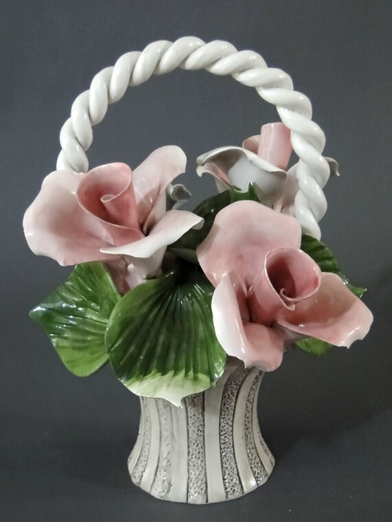 Capodimonte Pink Roses in Basket Italian Large Vintage