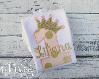 Birthday Shirt. Pink and Gold Princess Birthday Shirt. Personalized Embroidered Birthday Shirt. Polka Dots. Crown. Tiara. First, Second.