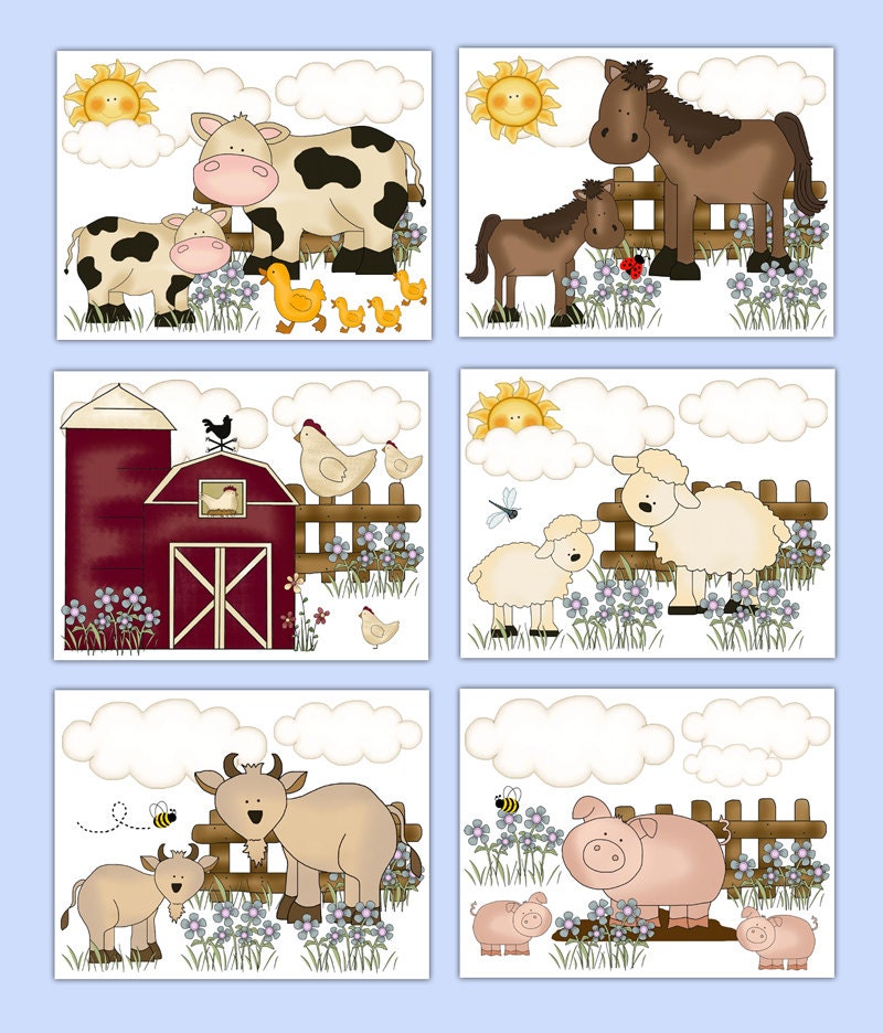 FARM NURSERY PRINTS Wall Art Barnyard Animal Baby Girl Room