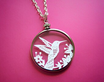 Papercut Hummingbird Necklace- Original Handcut Paper in Glass Pendants with Silver Chain