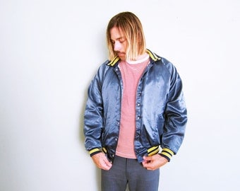 Satin Bomber Jacket / Blue Satin Baseball Jacket / Embroidered Jacket / Shafter