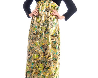1960s Velvet And Floral Print Lame Empire Waist Maxi Dress Size: S/M