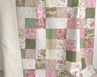Queen Patchwork Quilt with Floral Fabrics Shades of Pink Green Tan Ivory Pristine Collection by Robert Kaufman