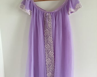 60's Shortie Lilac Chiffon and White Lace Babydoll Nightie M L