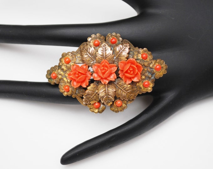 Coral celluloid flower Brooch Golden Brass leaf Art Nouveau Pin