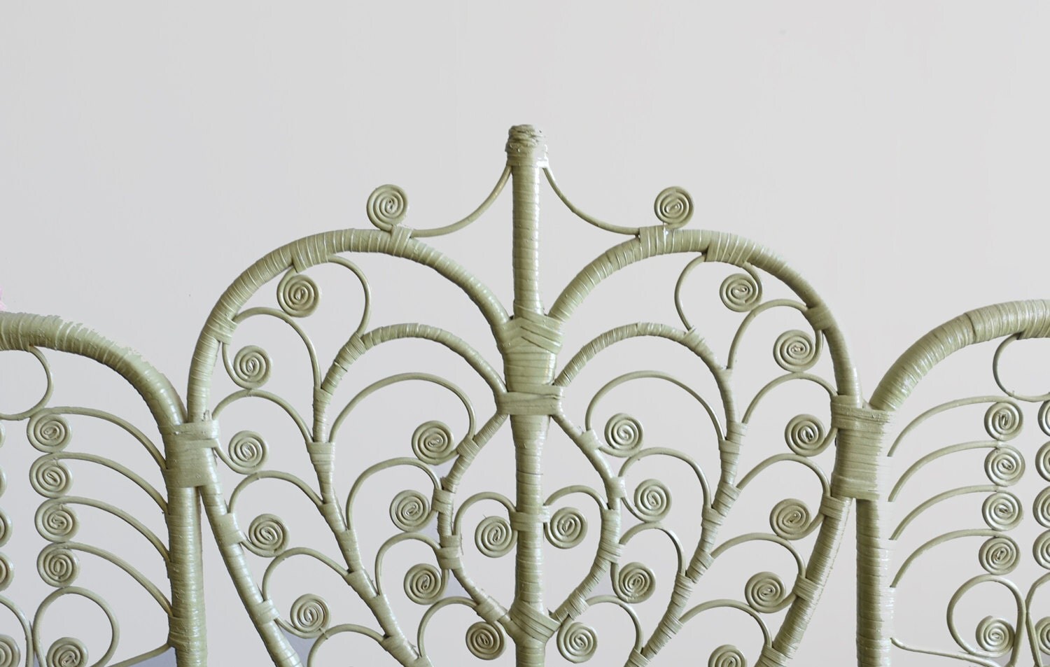 Vintage Twin Wicker Headboard Sage Green Scroll Rattan