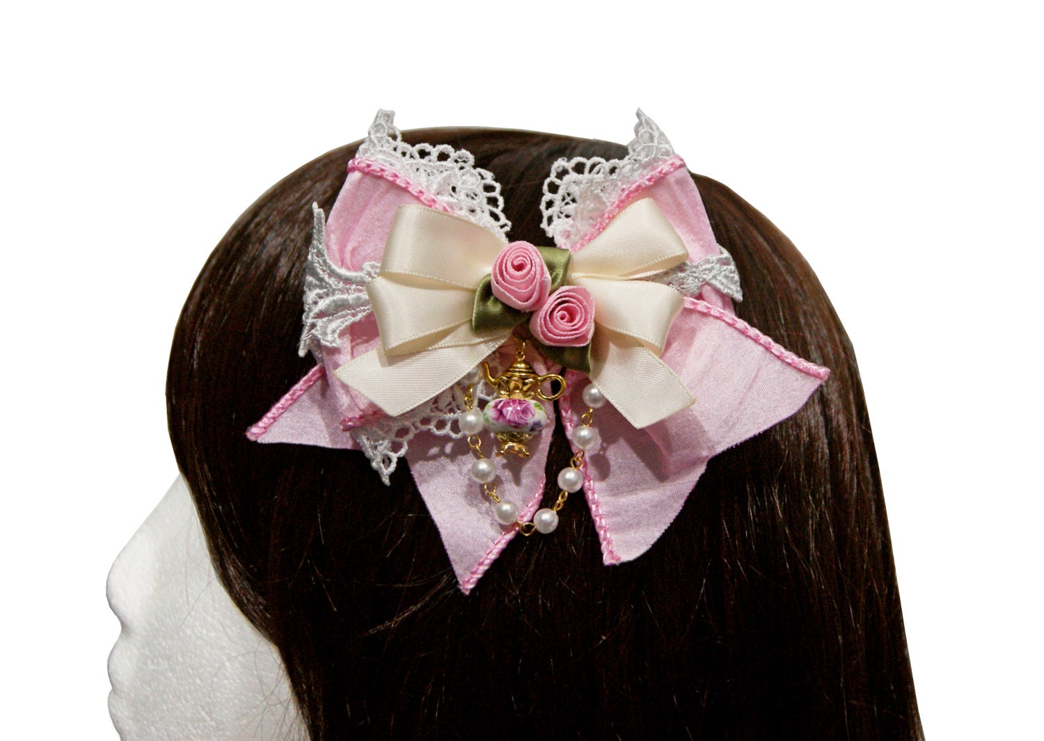 Beautiful Pink Rose Porcelain Teapot Hair Bow Available in